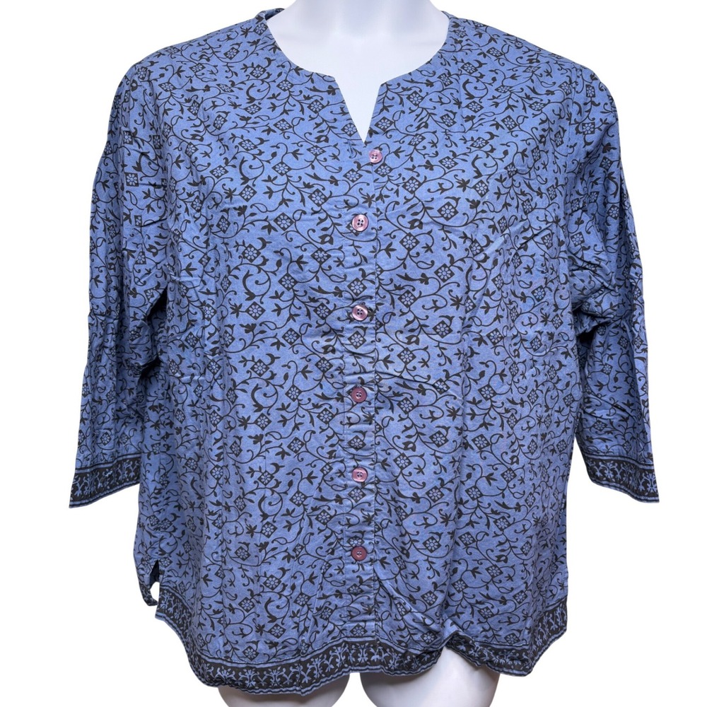 SERENGE Blue Floral Cotton Button Up Blouse 1X Boho-Chic Artsy Flowy Coastal
